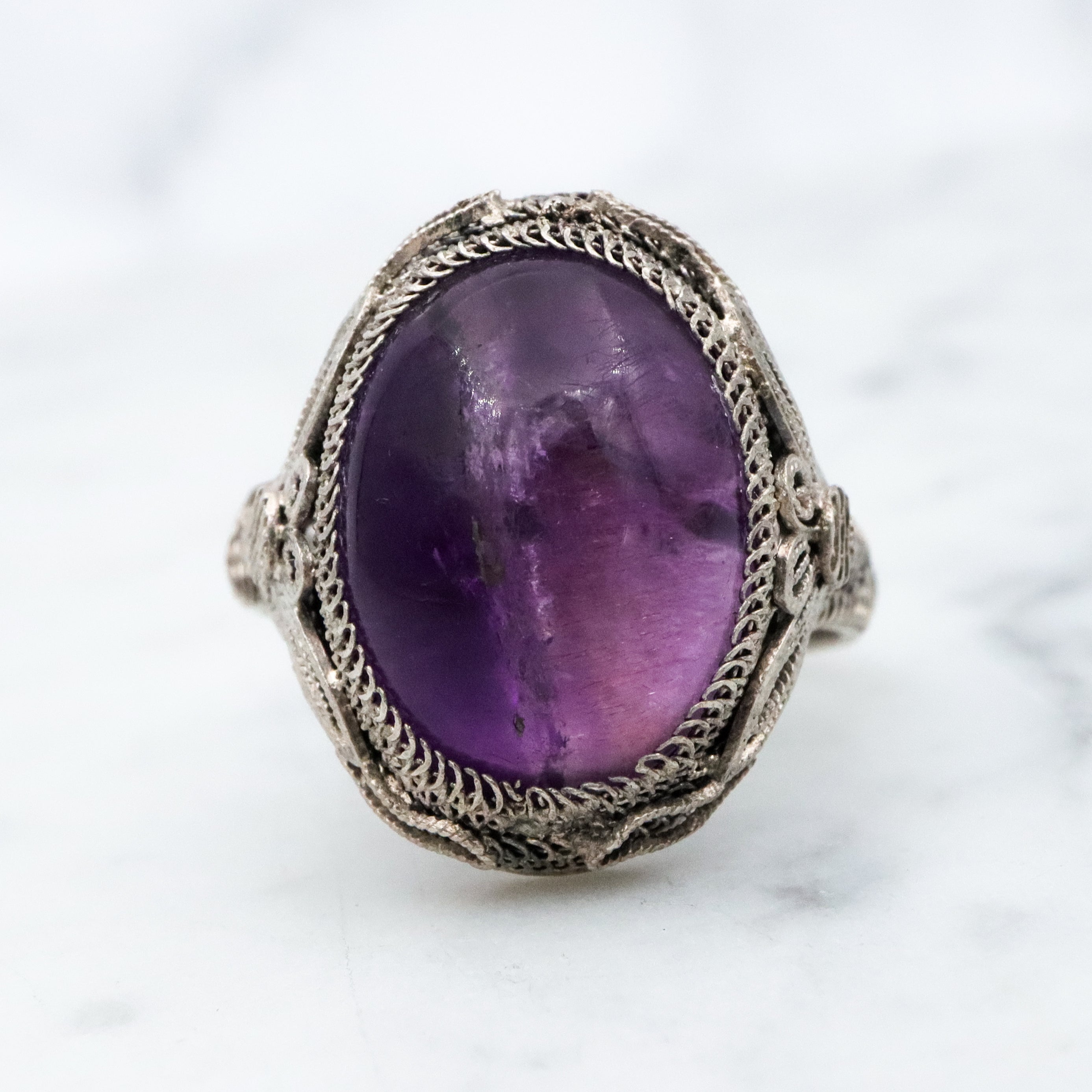 Antique Chinese silver filigree amethyst ring, size 7 adjustable